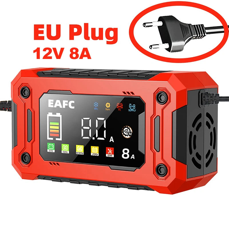 Newest 12V Car Battery Charger 15A/8A Pulse Repair Large Display Smart Charger for Car Motorcycle Lead Acid AGM GEL Batteries