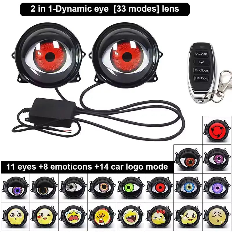 LED Car Dynamic Devil Eye Large Light 3-inch 33 Mode Car Light Remote Modification Eagle Eye 3D Lens Dynamic Pupils Headlight