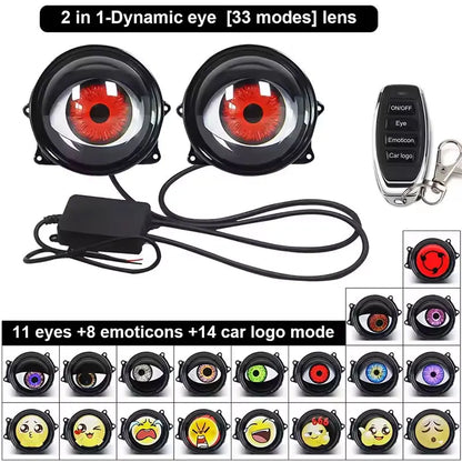LED Car Dynamic Devil Eye Large Light 3-inch 33 Mode Car Light Remote Modification Eagle Eye 3D Lens Dynamic Pupils Headlight