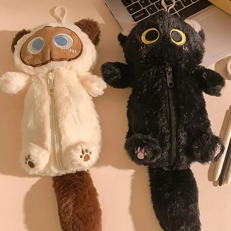 Cartoon Plush Big-Eyed Cat Pencil Case Super Soft Fun Doll Large Capacity Pencil Bags Multi-Functional Stationery Storage Bag