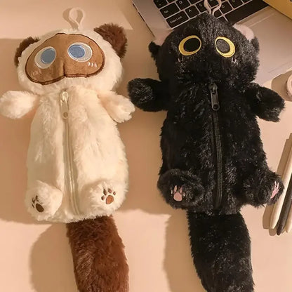 Cartoon Plush Big-Eyed Cat Pencil Case Super Soft Fun Doll Large Capacity Pencil Bags Multi-Functional Stationery Storage Bag