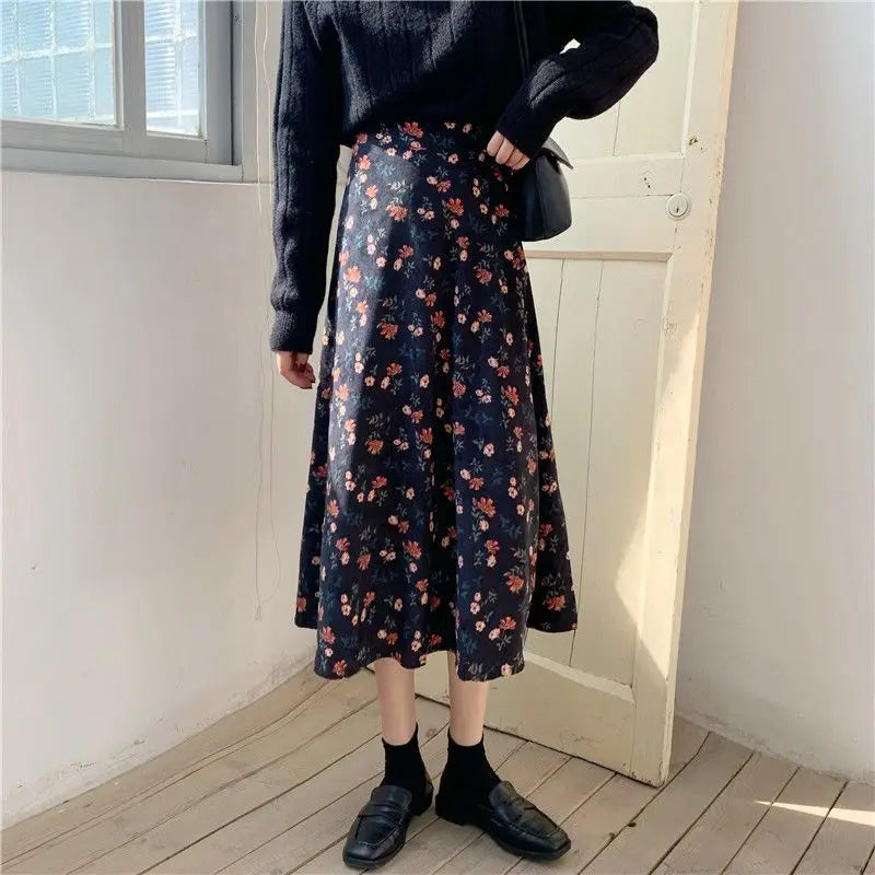 Women Floral Corduroy Midi Skirt High Waist A Line Printed Swing Long Skirt For Spring Autumn