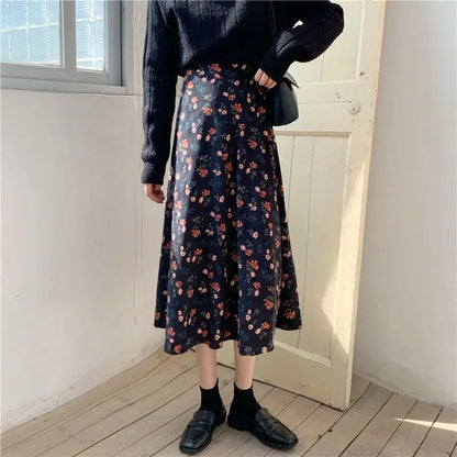 Women Floral Corduroy Midi Skirt High Waist A Line Printed Swing Long Skirt For Spring Autumn