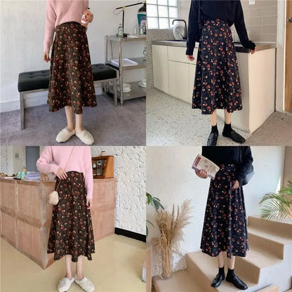 Women Floral Corduroy Midi Skirt High Waist A Line Printed Swing Long Skirt For Spring Autumn