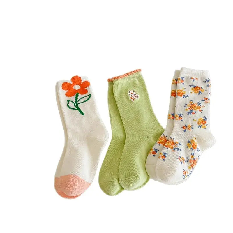 1-12Year 3Pairs Pack 2024 Spring Floral Medium Stockings Embroidery Lace Thin Princess Stockings Girls' Socks