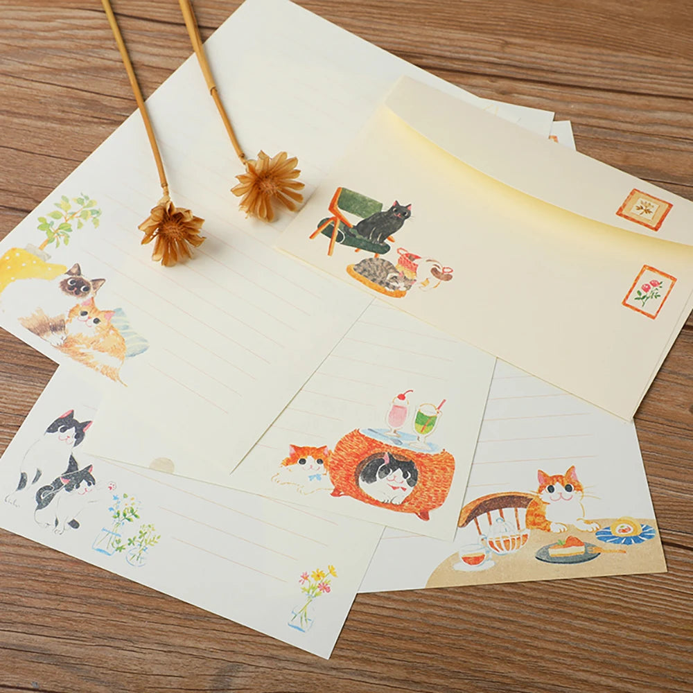A Set of 36 Letter Writing Sets with Cats as the Theme, Including 24 Thread Draft Letters and 12 Matching Envelopes