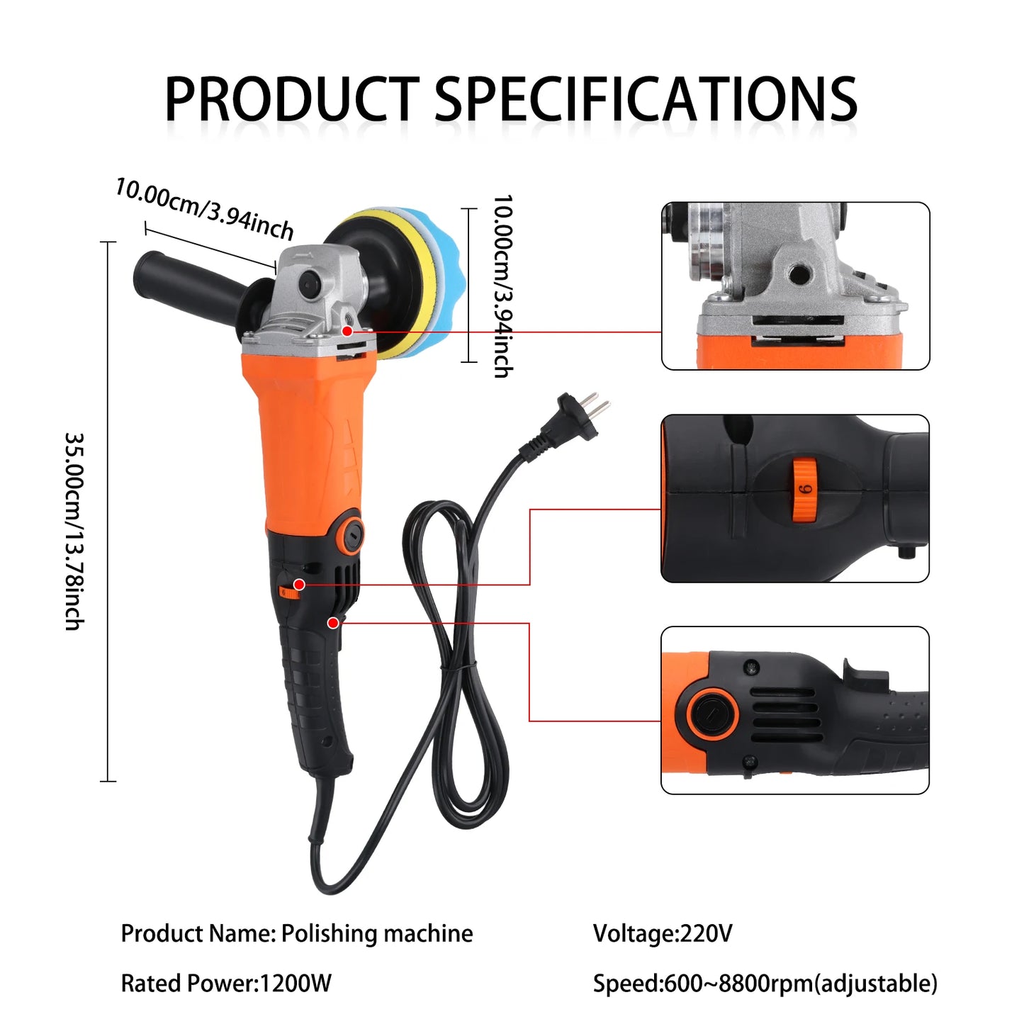 Podofo 8800RPM  Rotary Car Buffer Polisher Waxer 1200W Car Polisher with 14 Sponge Wheels Detachable Handle Perfect for Boat Car Polishing and Waxing