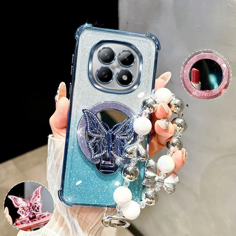 Glitter Butterfly Mirror Crystal Bracelet Case For Xiaomi Redmi Note 15 15C 14 14C 13 13C 12 11 Pro Plus 4G 5G Shockproof Cover