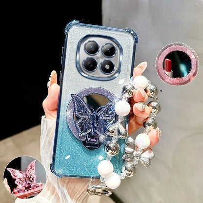 Glitter Butterfly Mirror Crystal Bracelet Case For Xiaomi Redmi Note 15 15C 14 14C 13 13C 12 11 Pro Plus 4G 5G Shockproof Cover