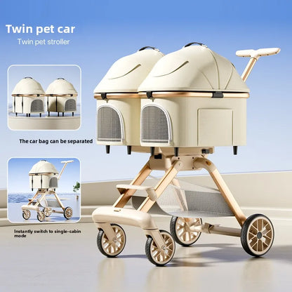 Twin Pet Cart Double Cabin Walking Pet Artifact Cat and Dog Outdoor Small and Medium Lightweight Foldable Double Layer Cart