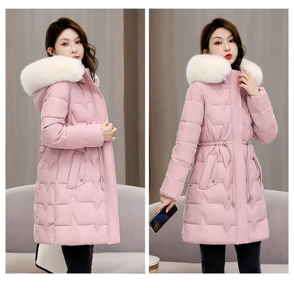 Hooded Women Parkas Coats Mid LenthJackets  Oversize Solid Fur Collar Zipper Drawstring Waist Loose Casual 2025 Autumn Winter