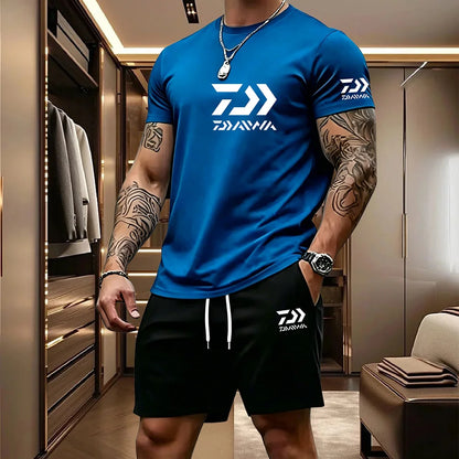 2026 Summer Men's Short Sleeved T-shirt Drawstring Shorts Set Breathable Outdoor Sports Set Men's Daily Fishing Suit