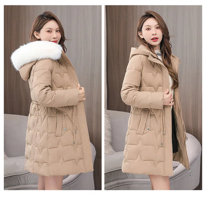 Hooded Women Parkas Coats Mid LenthJackets  Oversize Solid Fur Collar Zipper Drawstring Waist Loose Casual 2025 Autumn Winter