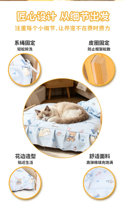 Cat Bed Wooden Cat And Dog Bed With Teddy Bear Pattern Indoor Pet Furniture Floor To Ceiling Bed Comfortable Durable