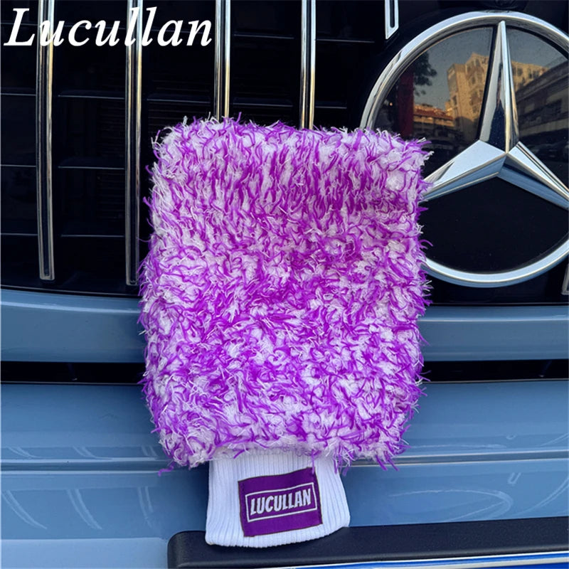 Lucullan Logo Premium Purple Microfiber Glove Super Absorbency Foam Stitch Inner Lining Car Wash Mitt