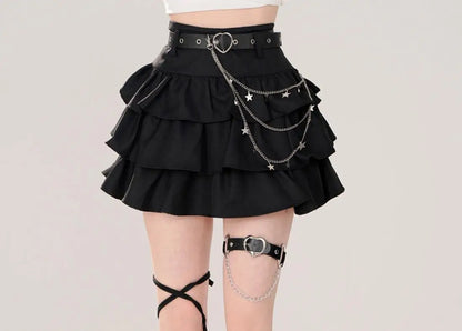Belt Metal Chain Punk Mini Skirts for Women Summer High Waist Pleated Black Cake Skirt Woman Streetwear A Line Short Skirt Mujer