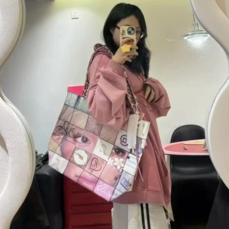 Brand Portrait Print Tote Bag Large Capacity Top-handle Shopper Bag Fashion Pvc Kraft Paper Shoulderbag Waterproof Pouch Storage