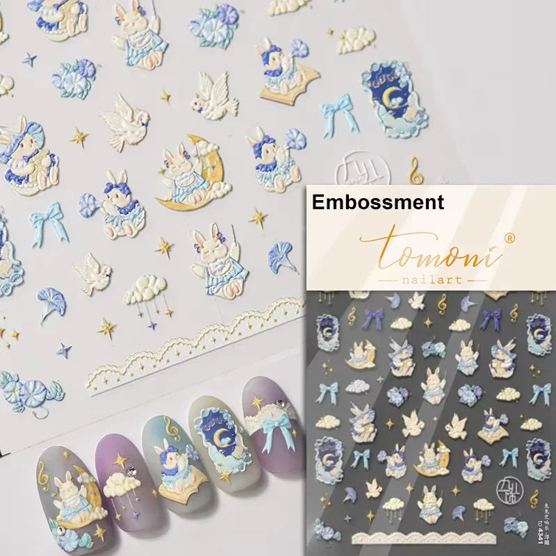 5D Cute Rabbit Love Heart Peach Blossom Flower Yellow Nail Art Stickers Bowknot DIY Self Adhesive Rhinestone Manicure Decals