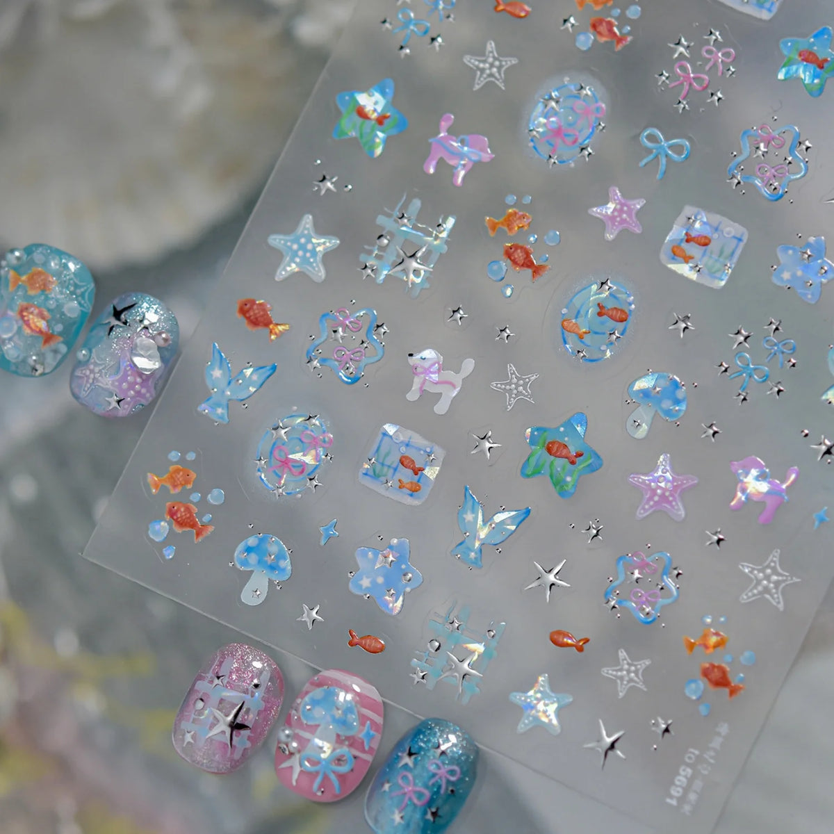 5D Starfish Fish Tail Small Fish Blue Bow Shell Silver Glitter Star Nail Art Stickers Ocean Fantasy Summer Nail Decals Manicure