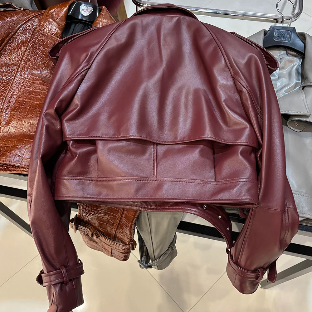 YOLOAgain Wide Shoulder Real Leather Jacket Women Oversized Genuine Leather Cropped Jacket