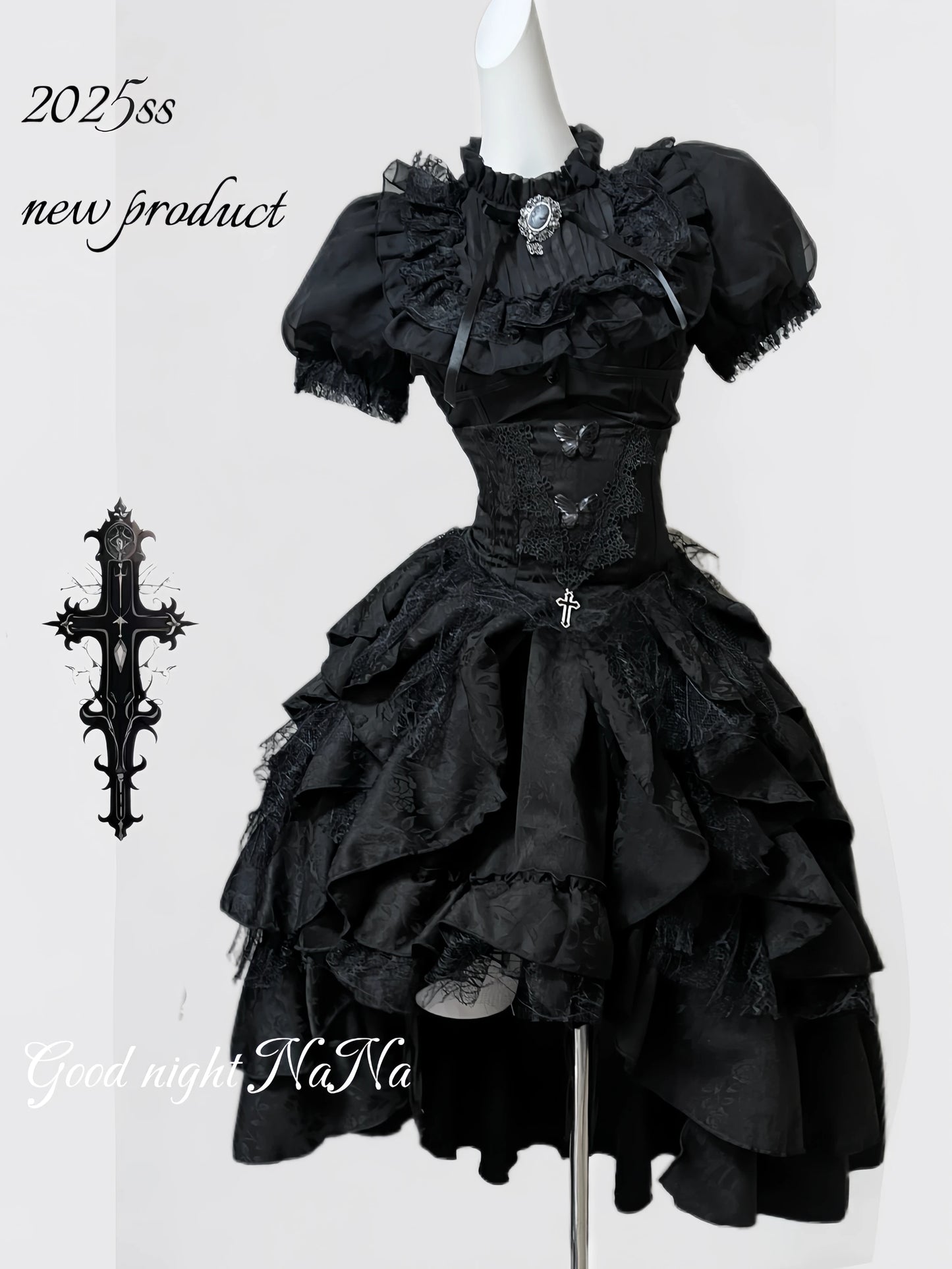 Gothic Dark Black Vintage Lace Blouse Retro Punk Light Lolita Short Sleeves Lace-up Slim Top and Multi Layers Skirt Set 2pcs Set