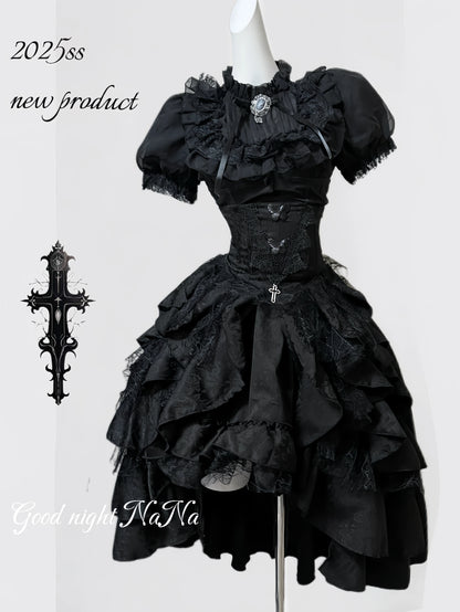 Gothic Dark Black Vintage Lace Blouse Retro Punk Light Lolita Short Sleeves Lace-up Slim Top and Multi Layers Skirt Set 2pcs Set