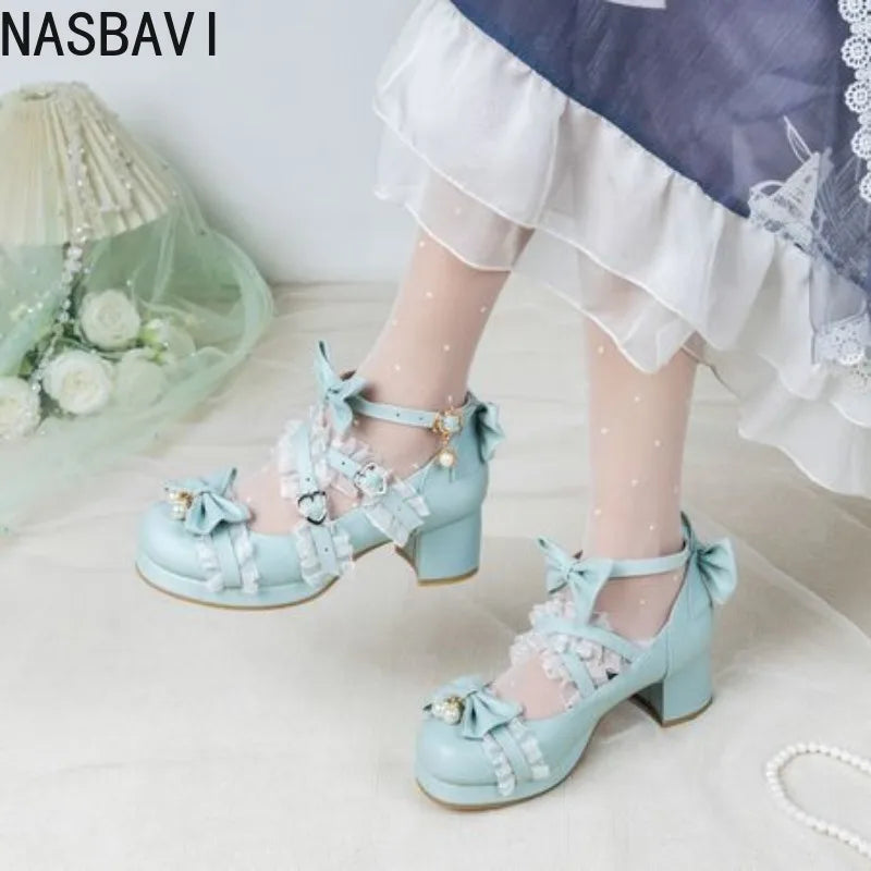 NASBAVI White Lace Bow Cosplay High Heels Women Cross Strap Buckle Platform Mary Jane Shoes Female Party Princess Lolita Pumps