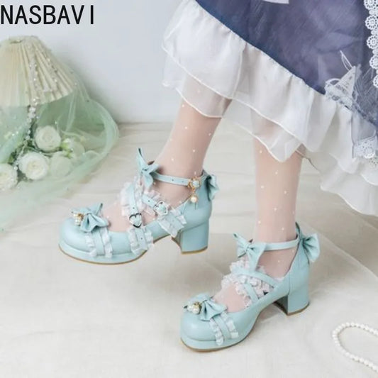NASBAVI White Lace Bow Cosplay High Heels Women Cross Strap Buckle Platform Mary Jane Shoes Female Party Princess Lolita Pumps