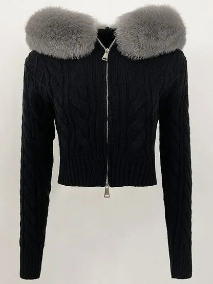 Fashion Natural Fox Fur Collar with Knitted Sweater Women Casual Sweater 2025 New Spring Autumn Slim Fit Elastic Oversized Coat