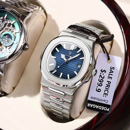 POEDAGAR Square Luxury Men Wristwatch Waterproof Luminous Date Stainless Steel Male Clock Business Sports Quartz Watches For Men