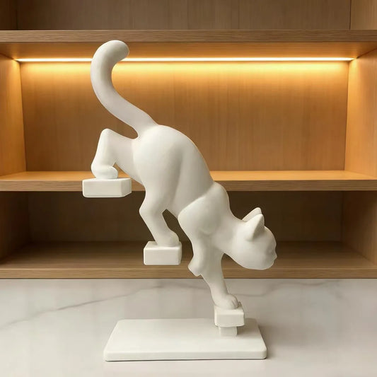 Modern White Leaping Cat Sculpture Geometric Minimalist Home Decor Living Room Desk Ornament Ideal Gift for Cat Lovers