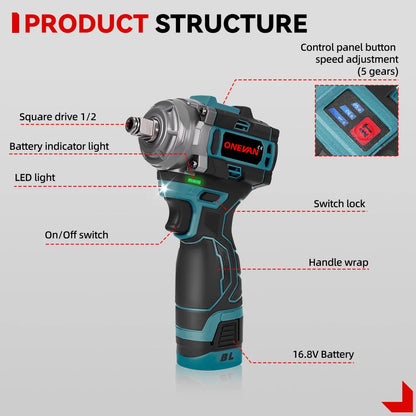 ONEVAN 500N.M Brushless Electric Impact Wrench Handheld Cordless Electric Screwdriver Wrench Power Tool With Lithium-Ion Battery