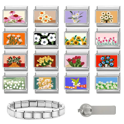 2025 Women's Fashion Colorful Flowers Oil Painting Style Series Italian Charms Fit 9mm Stainless Steel Bracelet DIY Jewelry Gift