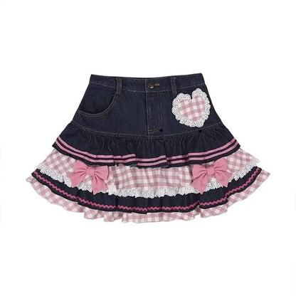 Kawaii Girls Lolita Skirts Japanese Women Harajuku Ball Gown Denim Skater Y2K High Waist Lace Cake Skirts Versatile Puffy Skirts