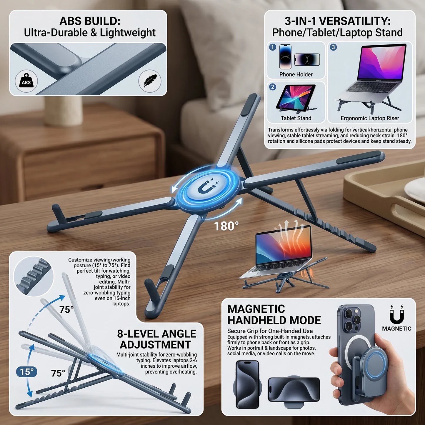 Foldable Magnetic Laptop Stand ABS Plastic Portable Adjustable Stand Heat Dissipation Holder for Smart Phone Tablet Notebook