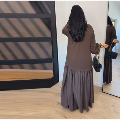 2026 Summer New Loose Patchwork Dresses Women's Pleated Fashion Short Sleeve O-neck Long Robes Female Elegant Casual Dress