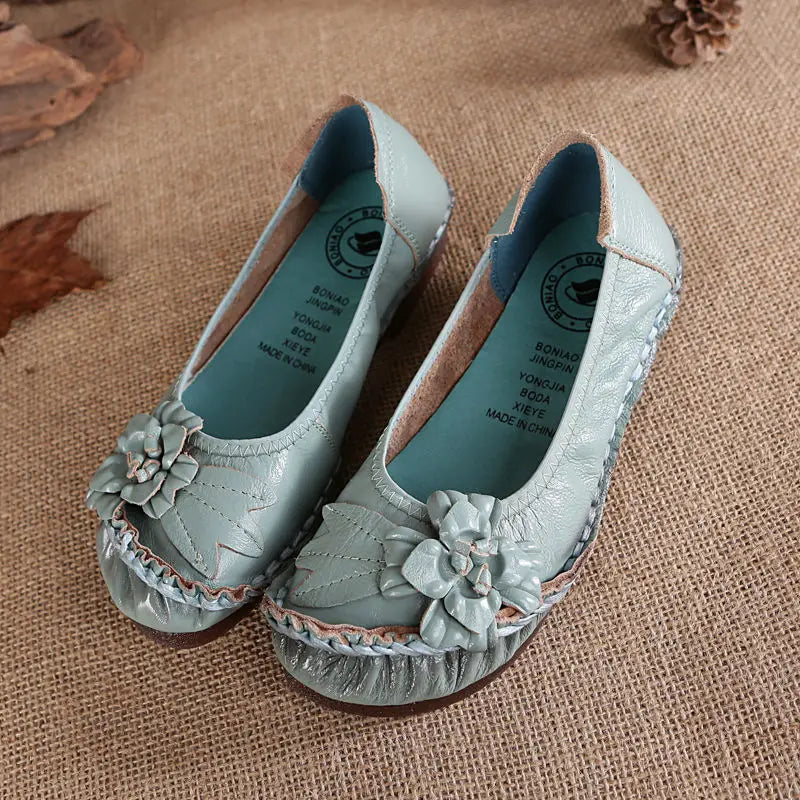 Vintage Flower Moccasins Woman Genuine Leather Ballet Flats Ladies Hollow Slip Ons Women's Luxury Loafer Purple Walking Shoes 42