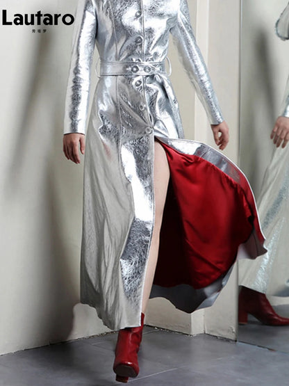 Lautaro Spring Autumn Extra Long Cool Silver Shiny Reflective Pu Leather Trench Coat for Women with Hood Luxury Runway Fashion