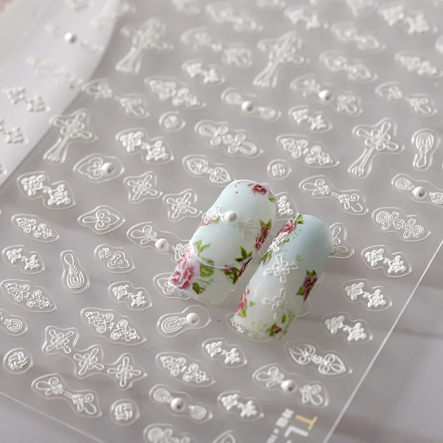 1pcs 5D Diamond Japanese White Lace Bow Nail Art Stickers Pearl Rhinestones Nail Decoration Adhesive Decals Slider DIY Accessory