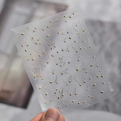 1Pcs 5D French Star Moon Chains Nail Art Stickers Gold/Silver Curved Lines,Starlight Nails Slider Self-Adhesive Manicure Decal &