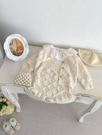 New Baby Girl Autumn Sweater Coat Hollow Knitted Air Conditioner Set Solid Cardigan Shorts Two Piece Set