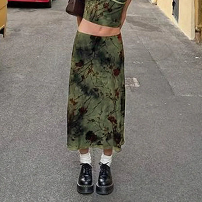 Harajuku Floral Print Long Skirt Vintage Low Rise Straight Midi Skirts for Women Autumn Basic All-match Skirts Ladies Y2k