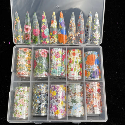 New Flower Nail Foils for Transfer Paper Stickers Floral Adhesive Fruit Nails Wraps Fish DIY Water Marble Nail Art Decorations