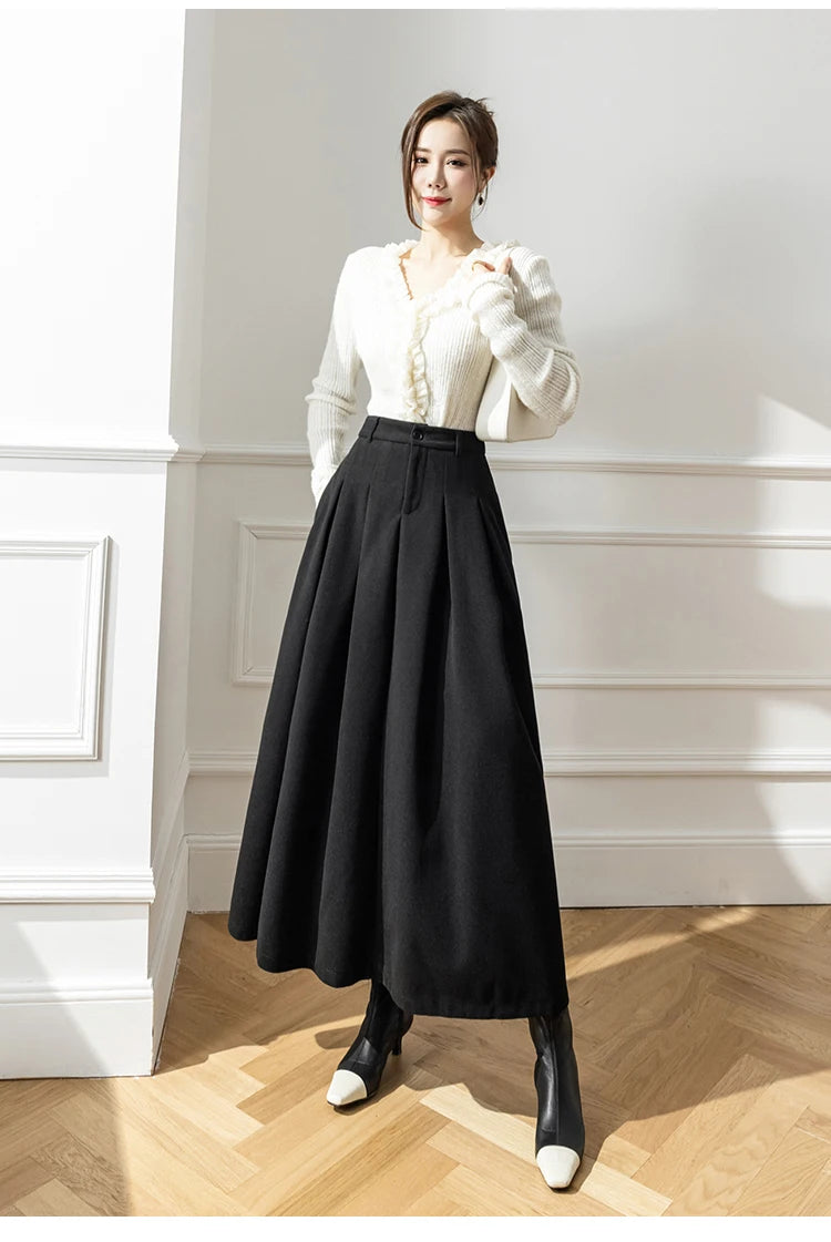 Vintage Winter Woolen Long Skirts For Women Streetwear High Waist Pleated Maxi Skirt Big Swing Folds A-Line Jupe Longues Femme