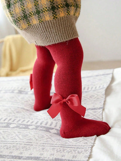 0-36 Month Baby Girls Solid Color Pantyhoses with Threaded Bowknots,Elastic Waist Leggings Tights for Casual Daily Spring Autumn