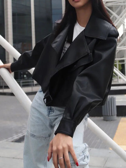 Ailegogo Streetwear Women Moto Biker Loose Short Pu Faux Leather Jacket Spring Autumn Female Big Pocket Coat Outwear