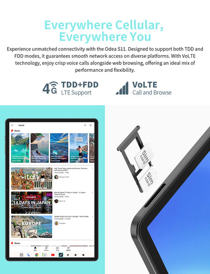 ODEA S11, 11 inches TDDI, 8000mAh, Android 14 Tablet, (6GB+10GB Expansion) 16GB RAM, 256GB ROM, 1920x1200 IPS, UNISOC T606, 8 cores, Mali-G57, 4G LTE, Wifi, GPS, SIM Slots*2+TF*1, Widevine L1 for Netflix