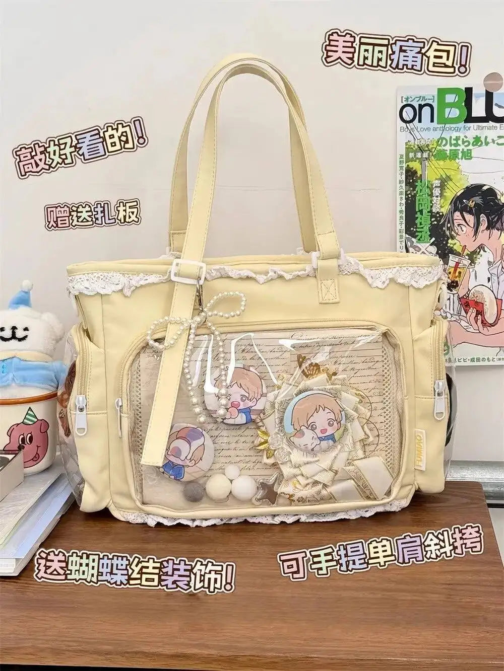 Japanese Sweet Women Ribbon Ita Bag Cute Lolita Girl Transparent Handbags Fashion Large Capacity Tote Bag Aesthetic Shoulder Bag