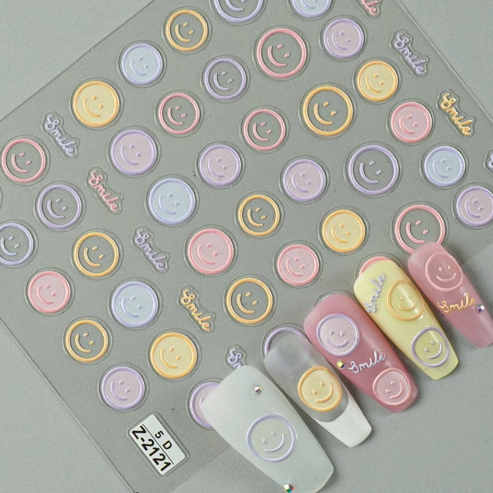 5D Exquisite Smiling Face Nail Stickers Embossed Japanese Macaron Nail Art Self-Adhesive Decorations Accessories DIY