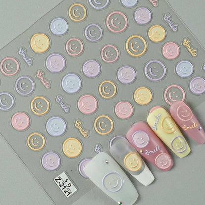 5D Exquisite Smiling Face Nail Stickers Embossed Japanese Macaron Nail Art Self-Adhesive Decorations Accessories DIY